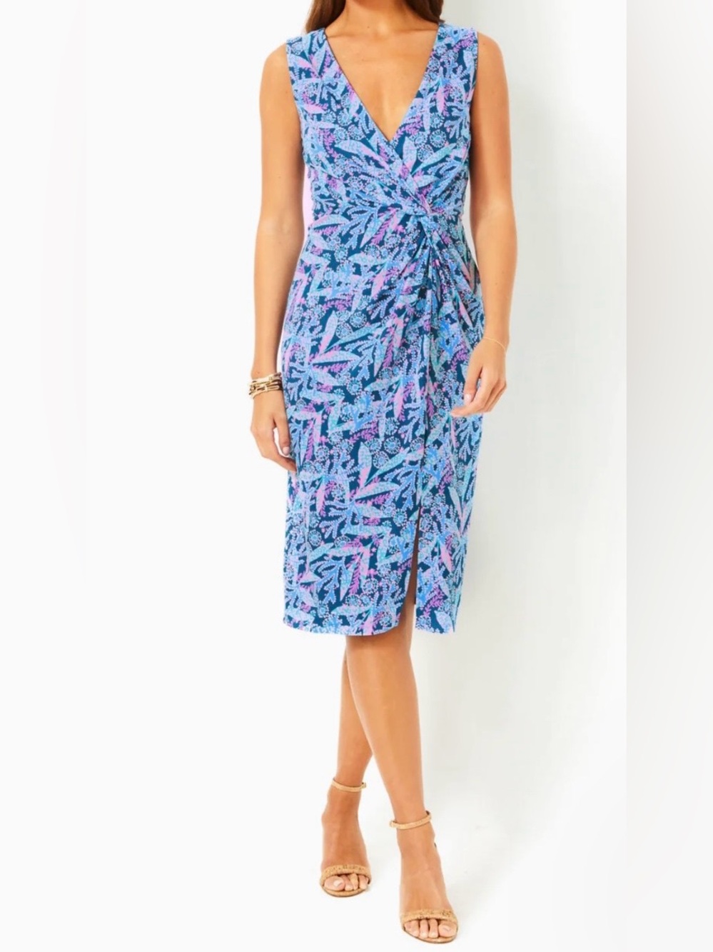 Lilly Pulitzer sleeveless Blue Floral Twist-Front Dress NWT Midi Odella size 12